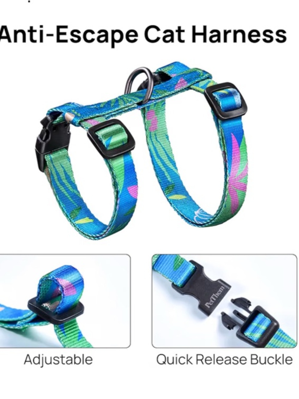 Adjustable Blue Floral Anti-Escape Cat/Dog Harness by